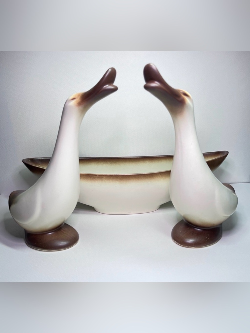Vintage Stanford Sebring Ohio Goose Console Set – 1950s MCM Pottery – 3 Piece